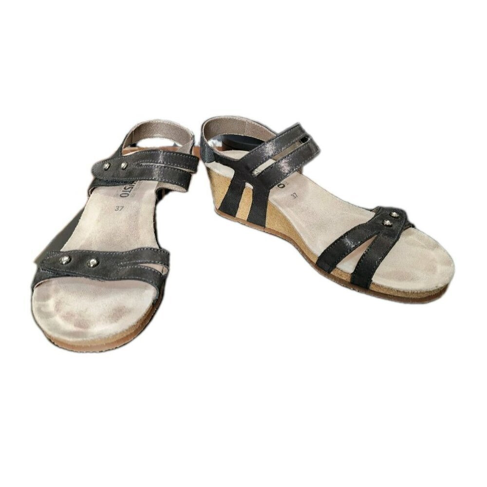 Mephisto Minoa Sandals EU 37 US 7 Black Leather Cork Wedge Shoes Rhinestone